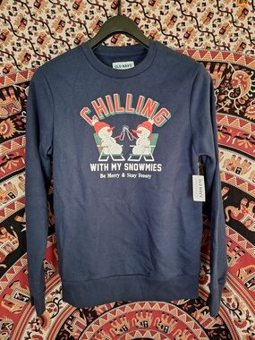NWT Old Navy Christmas Sweater "Chilling With My Snowmies" Men's Cotton Crewneck